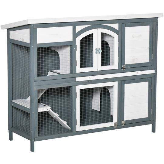 Pawhut - Two-Tier Wooden Rabbit Hutch Guinea Pig Cage w/ Openable Roof, Slide-Out Tray, Ramp - Grey - Grey