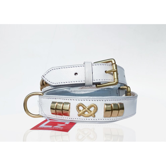 (White) STAFFORDSHIRE LEATHER DOG COLLAR, FITTED WITH BRASS HARDWARE & STAFFY KNOT