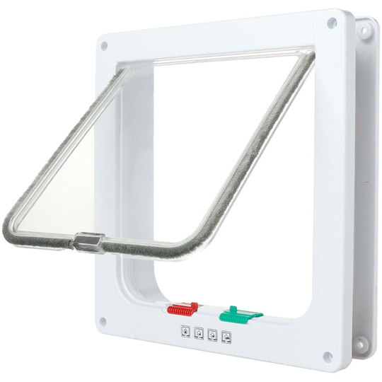 Cat Door, 4-Way Lockable Plastic Flat Door for Interior Window Wall Exterior Door, White