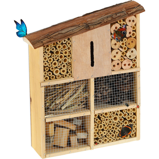 Insect hotel, pitched bark roof, nesting box for bees & butterflies, education & observation, natural wood - Relaxdays