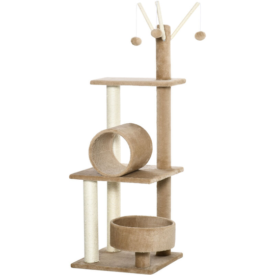 1.21m Cat Tree Tower w/Sisal Scratching Posts Bed Tunnel Perch Teaser Toy - Brown - Pawhut