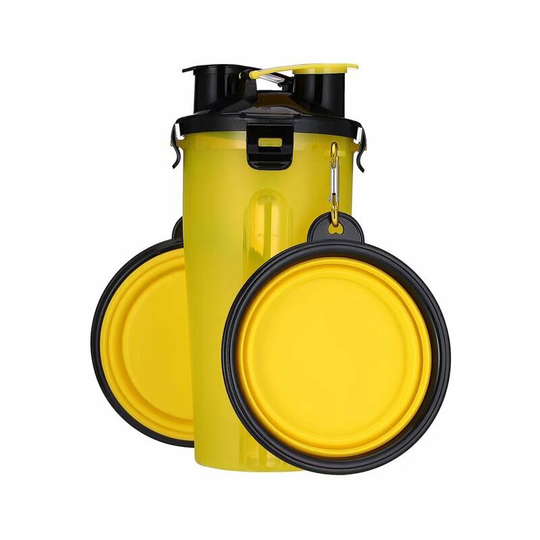 Dog water bottle, 2 in 1, portable, waterproof, for dogs, with 2 collapsible dog bowls, yellow Soekavia
