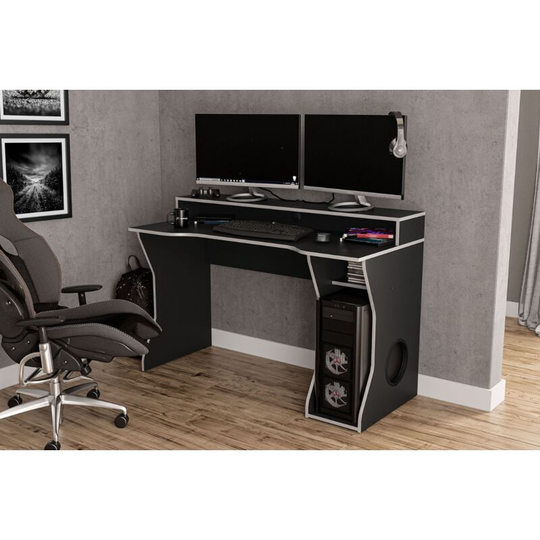 Fta Furnishing - Modern Enzo Black Gaming Computer Desk with Silver Trims - Storage Space Console Space Large