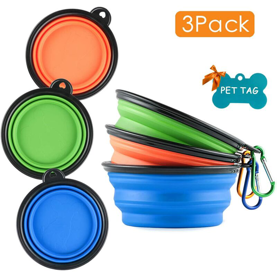 3 Collapsible Silicone Dog Bowl, Foldable Expandable Cup Dish for Small Pet Cat Food Water Feeding Portable Travel Bowl, Free Pet ID-Tag - Langray