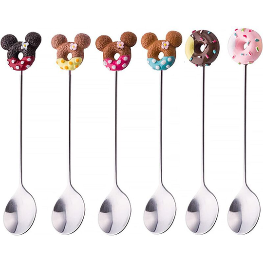 Coffee Spoon, 6 Pieces Stainless Steel Coffee Spoon Donuts and Mickey Mouse Shaped Spoons for Kids Food Grade Stainless Steel Dessert Spoons 6 Colors