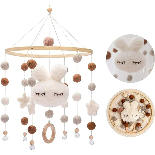 Wooden Baby Phone with Felt Ball Hanging Nursery Rabbit Wind Chime Crib Mobile (White)