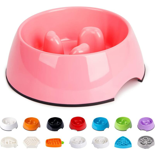 Pink Anti-Glutton Bowl for Dog Cat, Non-Slip Feeding Bowl that Promotes Slower Food Intake, Interactive Anti-Bloat Melamine Bowl