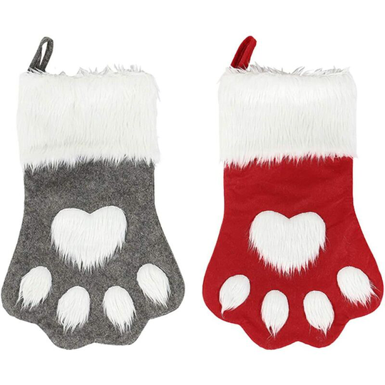 Ilovemilan - Dog Cat Paw Christmas Stockings, Plush Hanging Socks for Holiday and Christmas Decorations (Large, 2-Pack/Grey+Red)