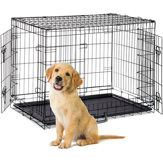 Relaxdays Dog Cage, Folding Transport Crate, Whelping Pen, 2 Doors, Floor Tray, Metal, XL, Black