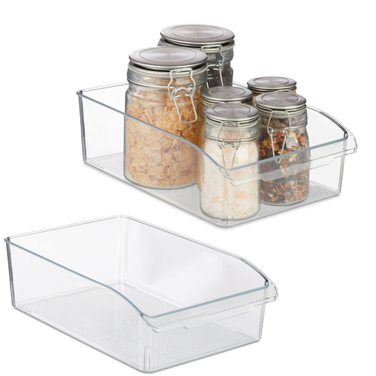 Relaxdays 2x Fridge Organisers, Storage with Handle, Plastic, Kitchen & Bathroom Storage Box, 9x31x20 cm , Transparent