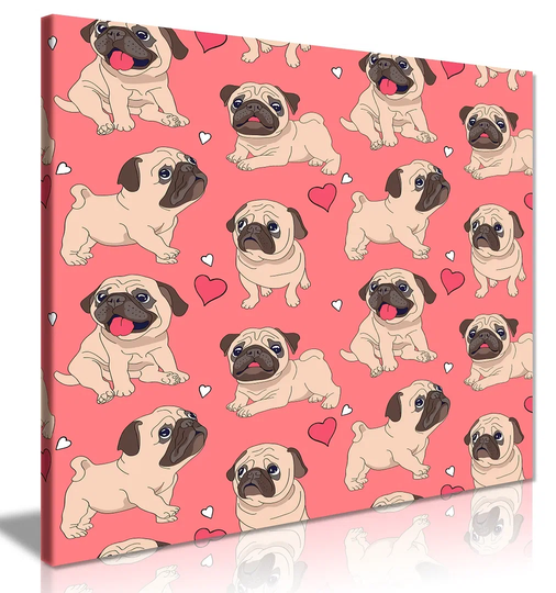 Cute Cartoon Pugs Puppies On A Pink Background Canvas Wall Art Picture Print