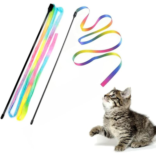 Interactive Cat Rainbow Wand Toys, Interactive Cat Teaser Wand String, Colorful Ribbon Charmer for Kittens - 2 pcs