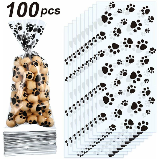 Perle Rare - Baking Cookies Flat Pouch Puppy Paw Print Pattern Candy Package Disposable Cellophane Party Snack Packing Bag