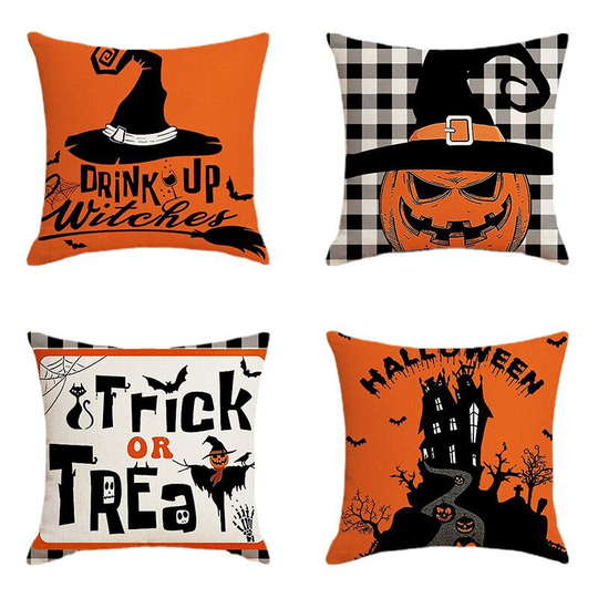 Halloween Pumpkin, Wizard's Hat and Other Designs Pillowcase 18' x 18' Set of 4 Halloween Decorations Trick-or-Treating Black and White Buffalo Check