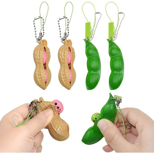 Squeeze&Beans,Peanuts Keychain Sensory Fidget Toys Set,Funny Facial Expressions Edamame Fidget Keychain Pea Pod Soybean Stress Relieving Sensory