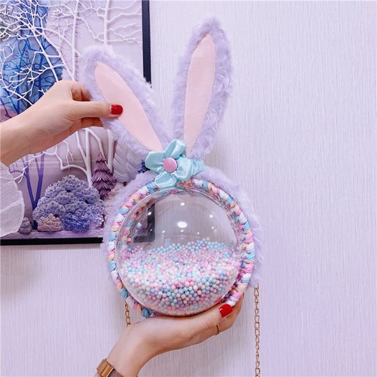 Handmade bag Transparent plush shoulder bag with handmade rabbit Candy color New finished product