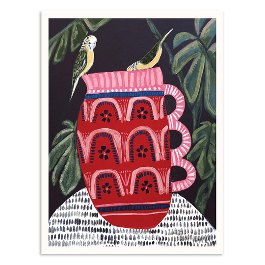 Bush Budgies and Monstera by Amanda Skye-Mulder - Wrapped Canvas Painting
