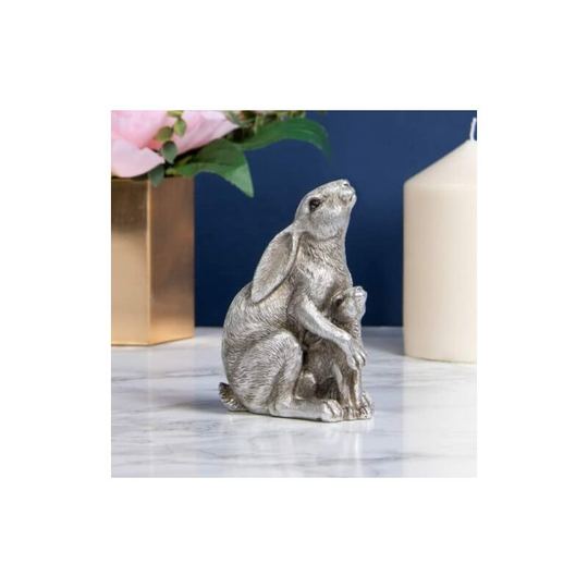 Hare Rabbit & Baby Ornament Rustic Silver Style Resin Christmas Sculpture Figurine Xmas