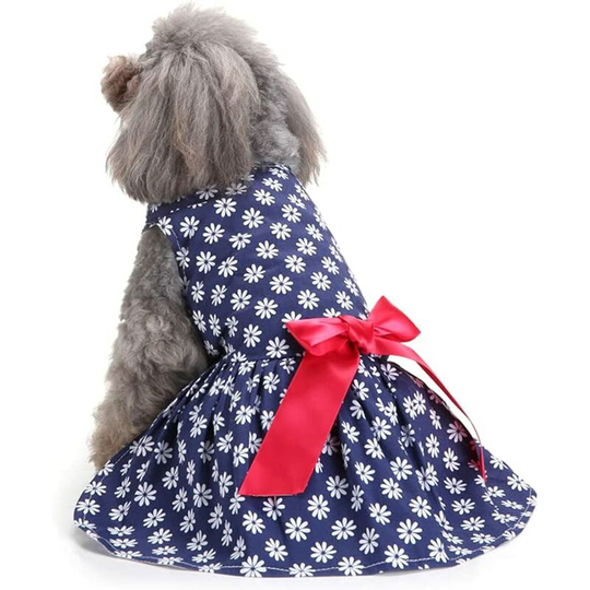 Soekavia - Dog Dress Cute Pet Skirt Elegant Shirts Sundress Bowknot Summer Puppy Apparel Clothes Small Medium Girl Dogs Cats Wedding (Navy Blue-L)