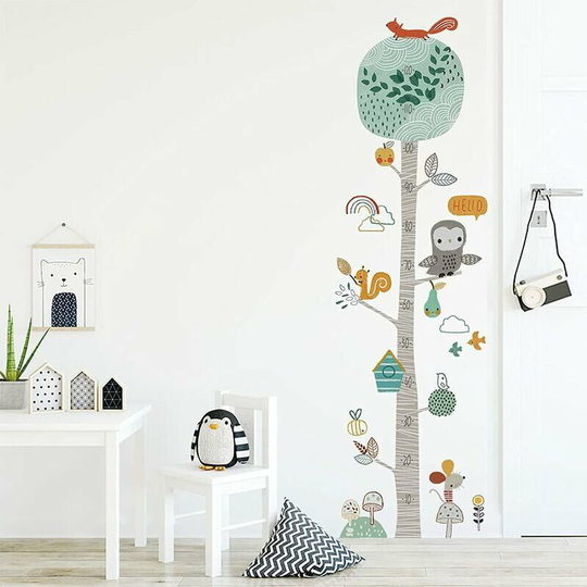 Kids Height Chart Wall Stickers Baby Growth Height Ruler Mural Forest Animals Mouse Owl Squirrel Tree Wall Decals diy Decor for Kids Room