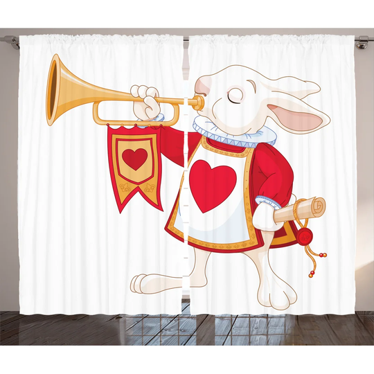 Alice in Wonderland Rabbit Playing Royal Trumpet with Heart 2 Piece Room Darkening Curtain Set