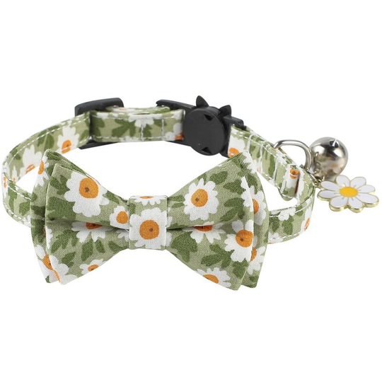 Cat Collars with Bells and Safety Release Buckle, Floral Bow Tie Kitten Collars, Adjustable 0-28 cm, Green