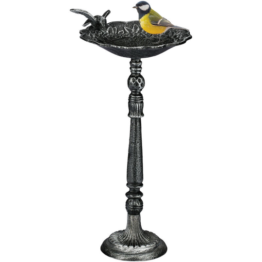 Bird Bath, Standing, Water Bowl, Frost-Proof, h x w x d: 40 x 18 x 20 cm, Cast-Iron, Silver - Relaxdays