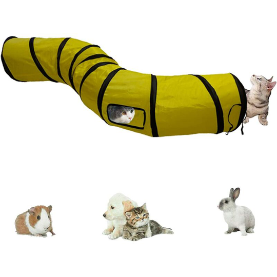 Interactive, foldable and lightweight 5-tunnel maze in crumpled fabric with pompoms and bells for cats, bunnies, kittens, puppies, ferrets or guinea