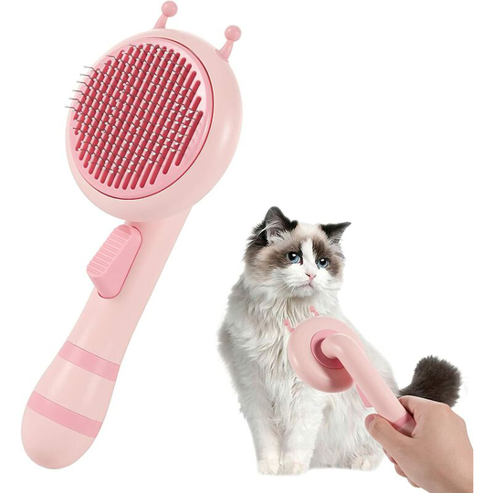 Dog Cat Brush, Self-Cleaning Pet Brush Long Short Bristle, Grooming Brush with Ergonomic Handle & One Button Design for Rabbit Chinchilla - Pink