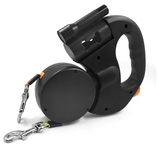 Automatic retractable leash with led flashlight one drag two double head dog leash black - Muff