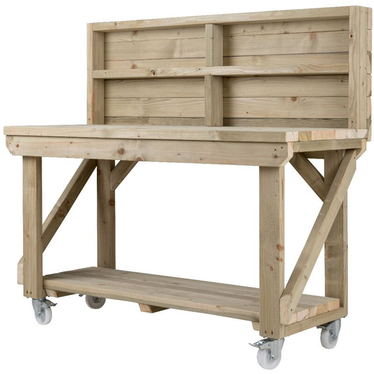 Wooden Pressure Treated Indoor / Outdoor Workbench, 4ft (120cm), With back panel and wheels