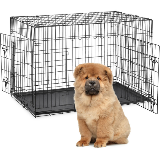Foldable Dog Crate, Travelling with Pets or for Indoors, Plastic Tray, 2 Doors, hwd: 81 x 121 x 74 cm, Metal - Relaxdays