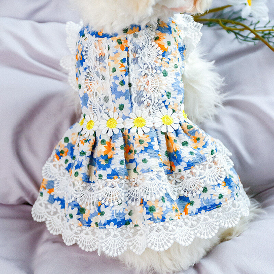 Suitable for small dogs, cats, girls, summer pet beach clothes, cute daisy, emerald flower, princess party, puppy dress, pet pet lace skirt, blue xs