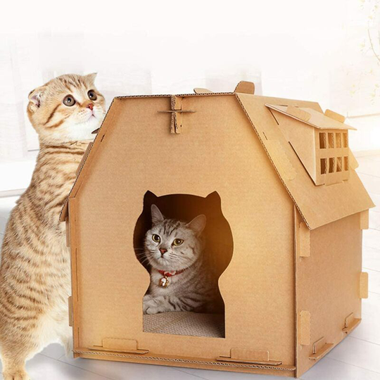 Perle Raregb - Corrugated Cardboard Cat Cardboard Box with Small Window, Pet Tools, Cat Scratch Board-Corrugated Paper Cat Play Board-Primary Color