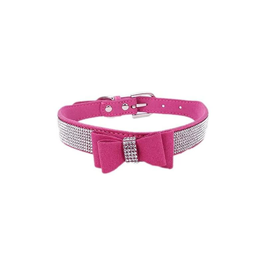 Dog collar with rhinestones, shiny, soft suede, for dogs and cats (size xs, hot pink) - Langray