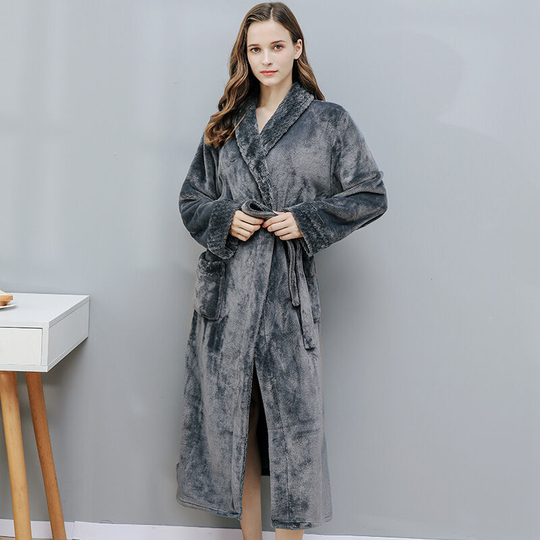 Autumn and winter flannel pajamas Medium length m thickened pajamas for couples Bathrobe Spring bathrobe