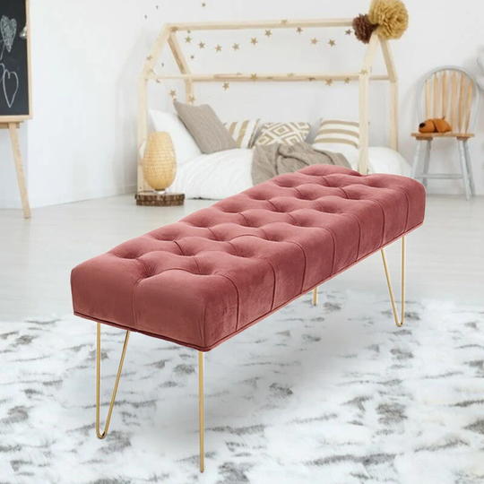 Velvet Buttoned Ottoman Footstool Gold Chrome Legs, Pink - Livingandhome