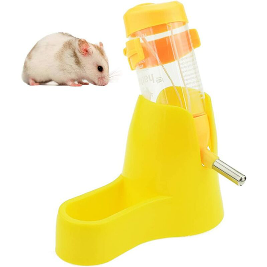 3 in 1 Hamster Hanging Water Bottle Pet Auto Dispenser with Base for Dwarf Hamster Mouse Rat Hedgehog (80ML, Yellow)