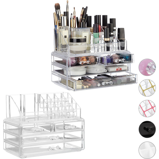 Relaxdays - Set of 2 Makeup Organizers with 4 Drawers, Cosmetics Holder for Nail Polish and Lipstick, Makeup Kit, Clear