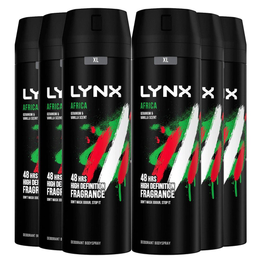 6pk Lynx XL Africa Body Spray Deodorant - 6 x 200ml
