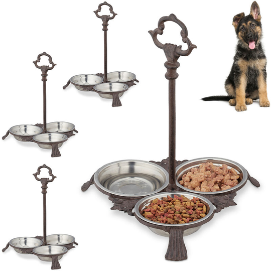 Set of 4 Relaxdays Cast Iron Feeding Stations for Cats & Dogs, 3 Stainless Steel Bowls Each, Handle, Outdoor, Dark Brown