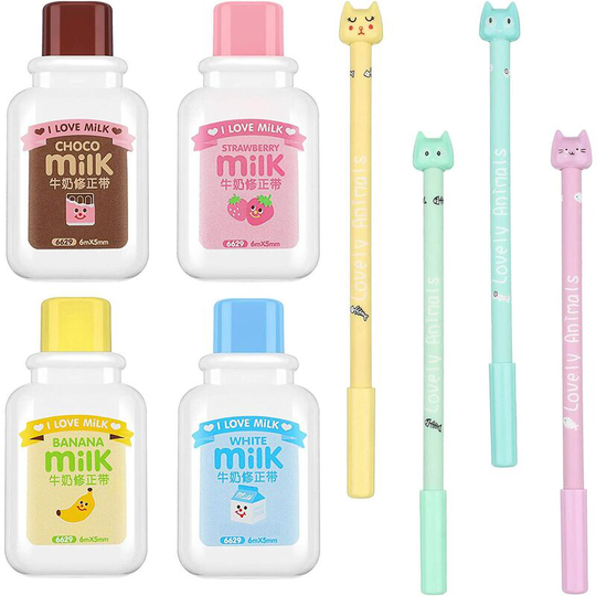 4 Pieces Milk Bottle Style Correction Tape Writing Correction Tape Eraser and 4 Pieces Cute Cartoon Cat Pens Black Writing Gel Ink Pen for Kids