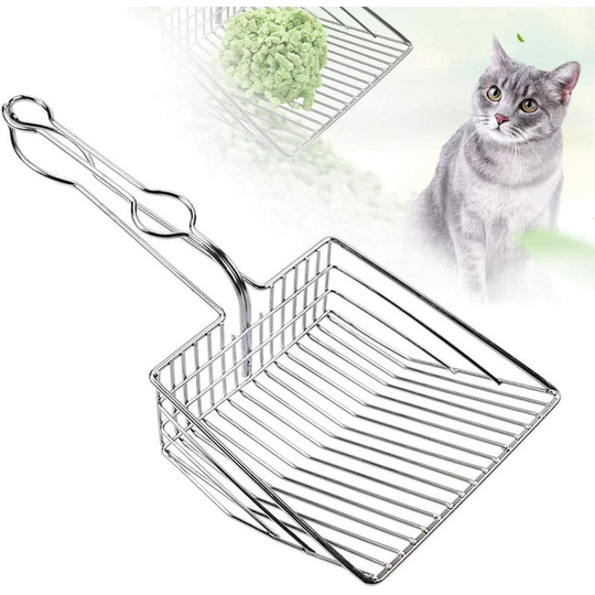 Cat Litter Scoop, Durable Metal Pet Kitty Kitten Sifter Heavy Duty with Long Handle Pet Kitty Dog Pooper Scooper, Easily Clean Litter Box, Silver
