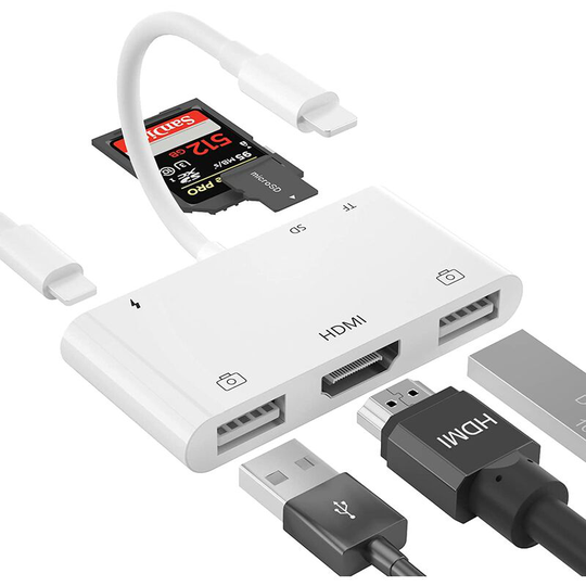 HDMI OTG Adapter, HDMI USB Hub, Lighting to HDMI Digital AV 6-in-1, SD TF Card Reader, USB Camera Adapter, Compatible with Phone, Pad, MIDI Keyboard,
