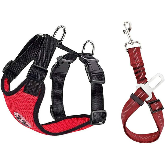 Perle Rare - Harness and Leash Set, Multi-Function Adjustable Fabric Breathable Ordinary Vest Harness with Safety Belt in Car Road Travel Walk (Red,M)