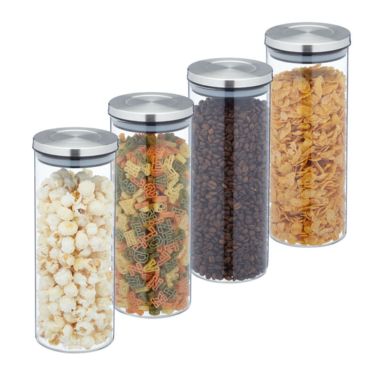 Relaxdays Storage Jars in Set of 4, 1300 ml Capacity, Steel Airtight Lids, Dry Food Storage, Glass, Transparent/Silver