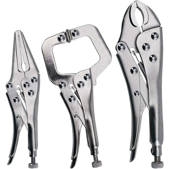 Set of 3 locking pliers, etau pliers, 1 c -shaped pliers, 1 beacon, 1 curved machoire, to turn fixed objects and remove the screws and nuts, colored