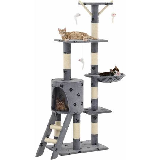 Cat Tree with Sisal Scratching Posts 138 cm Grey Paw Prints VD07135 - Hommoo