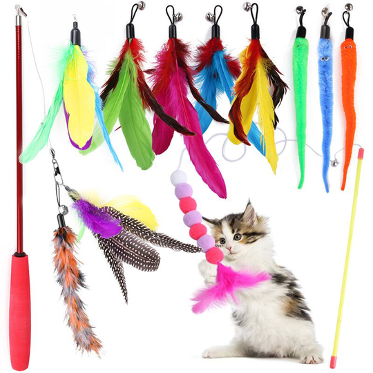 Feathers Toy for Cats, Retractable Cane Fishing Toy with 12 Refills, Interacti for Inside Cats and Kittens