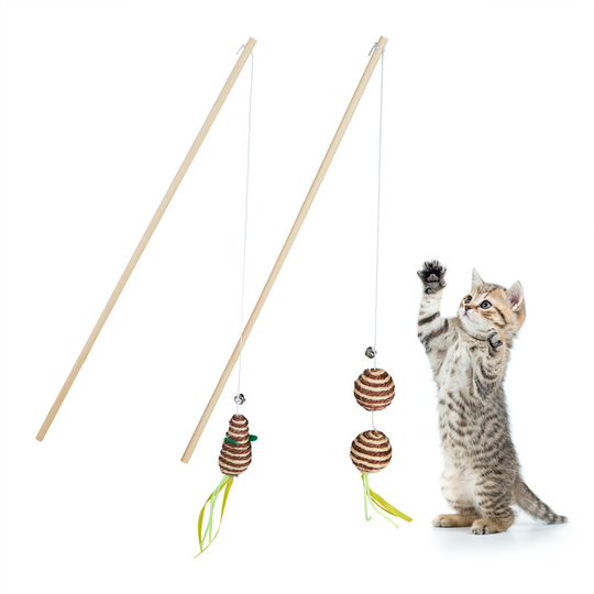 Relaxdays - Cat Toy Wand Set of 2, Mouse & Ball, Made of Natural Materials, Rod 46 cm, Kitten Teaser, Multiple Colours
